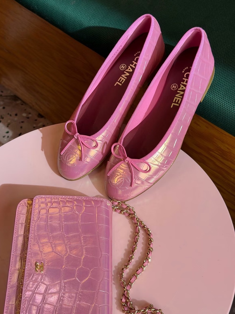 CHANEL Pink Croc Embossed Ballet Flats | Size 39.5